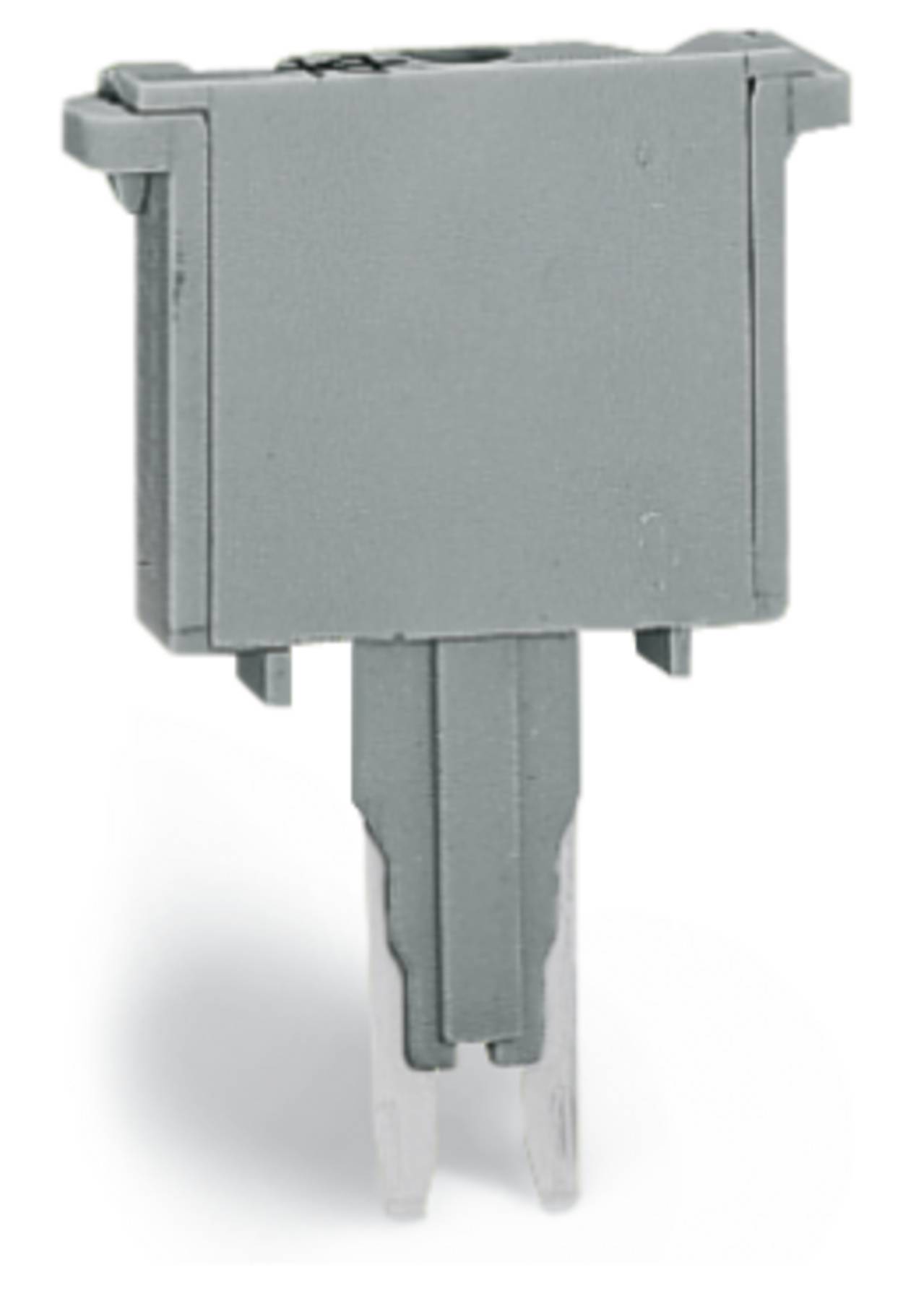 Ein Nahaufnahmebild einer grauen rechteckigen elektrischen Komponente mit zwei vorstehenden Metallstiften am unteren Ende, geeignet für Schaltungsverbindungen.