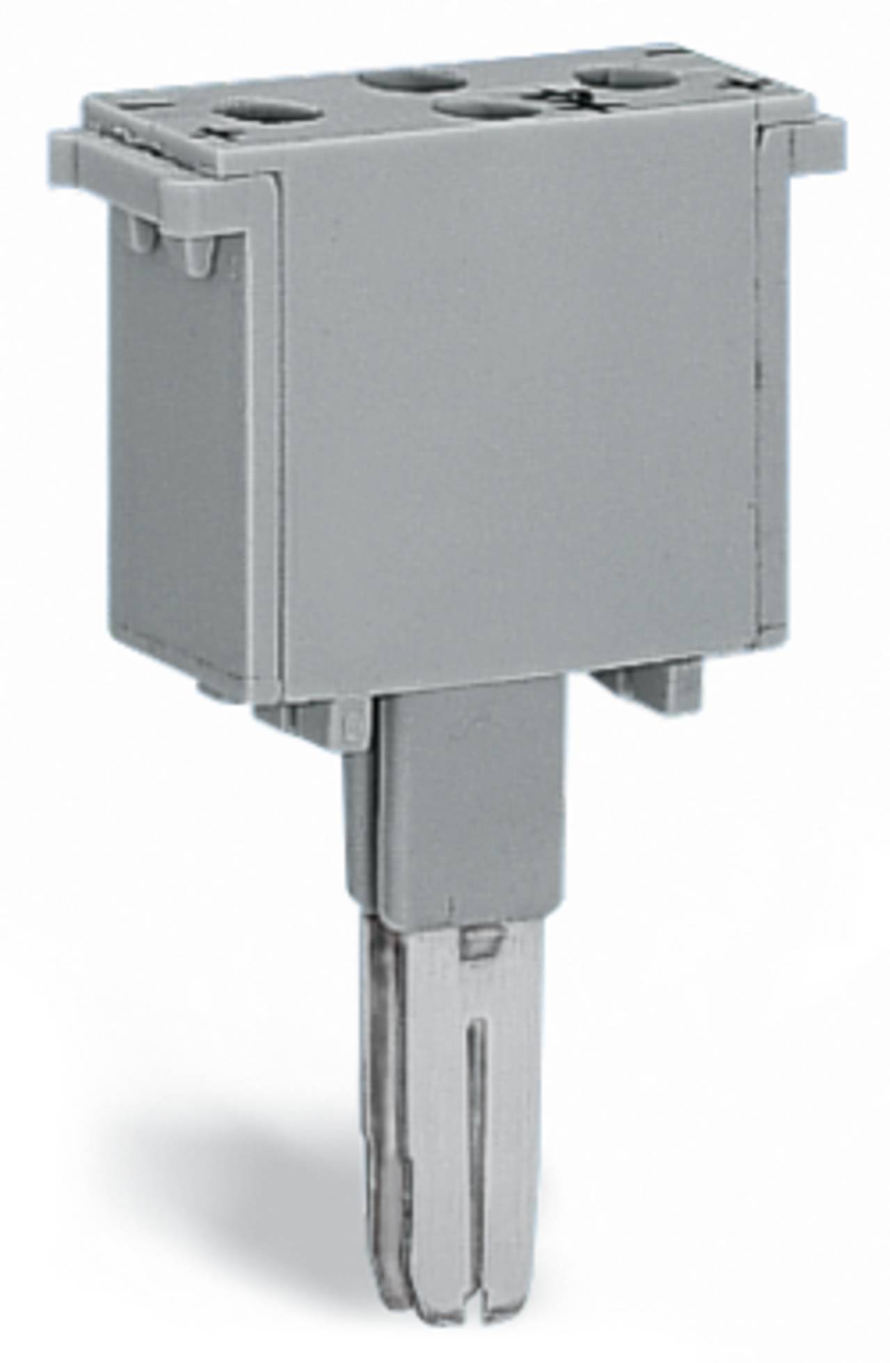 Ein grauer elektrischer Stecker mit rechteckiger Form und Metallkontakten an der Unterseite.