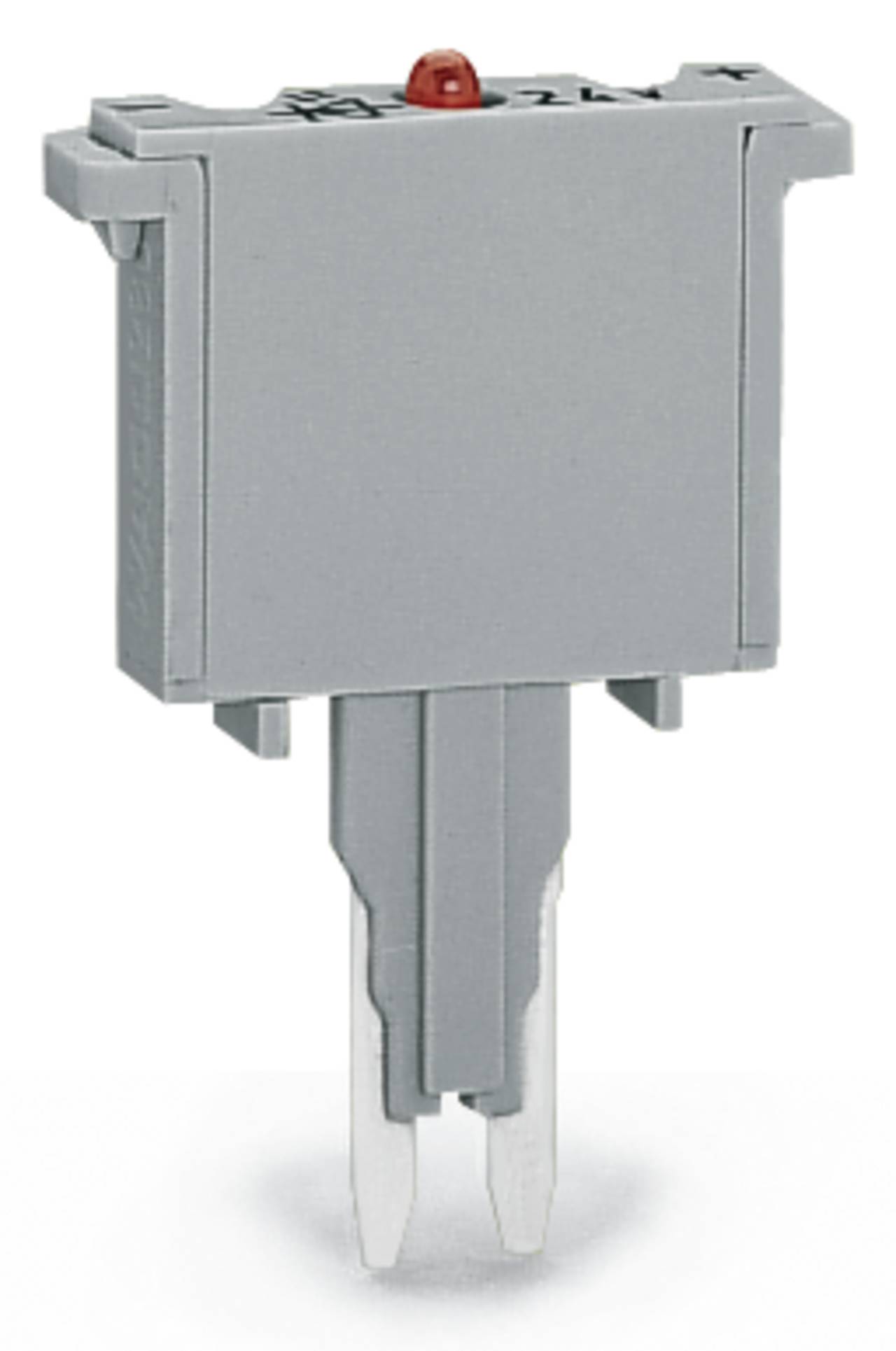 Ein grauer Stromstecker mit einem dünnen, rechteckigen Design verfügt über ein kleines rotes Anzeigelicht oben.