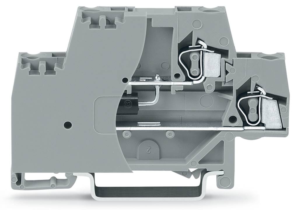 Ein graues Klemmenblock, das interne Metallverbindungen und Kontaktpunkte für elektrische Verdrahtung zeigt.