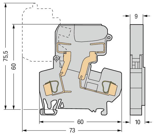 Technische Zeichnung eines Verbindungsblocks mit Vorder-, Seiten- und Draufsicht sowie Abmessungen: Länge L, Breite 5mm, Höhe 12,3mm.