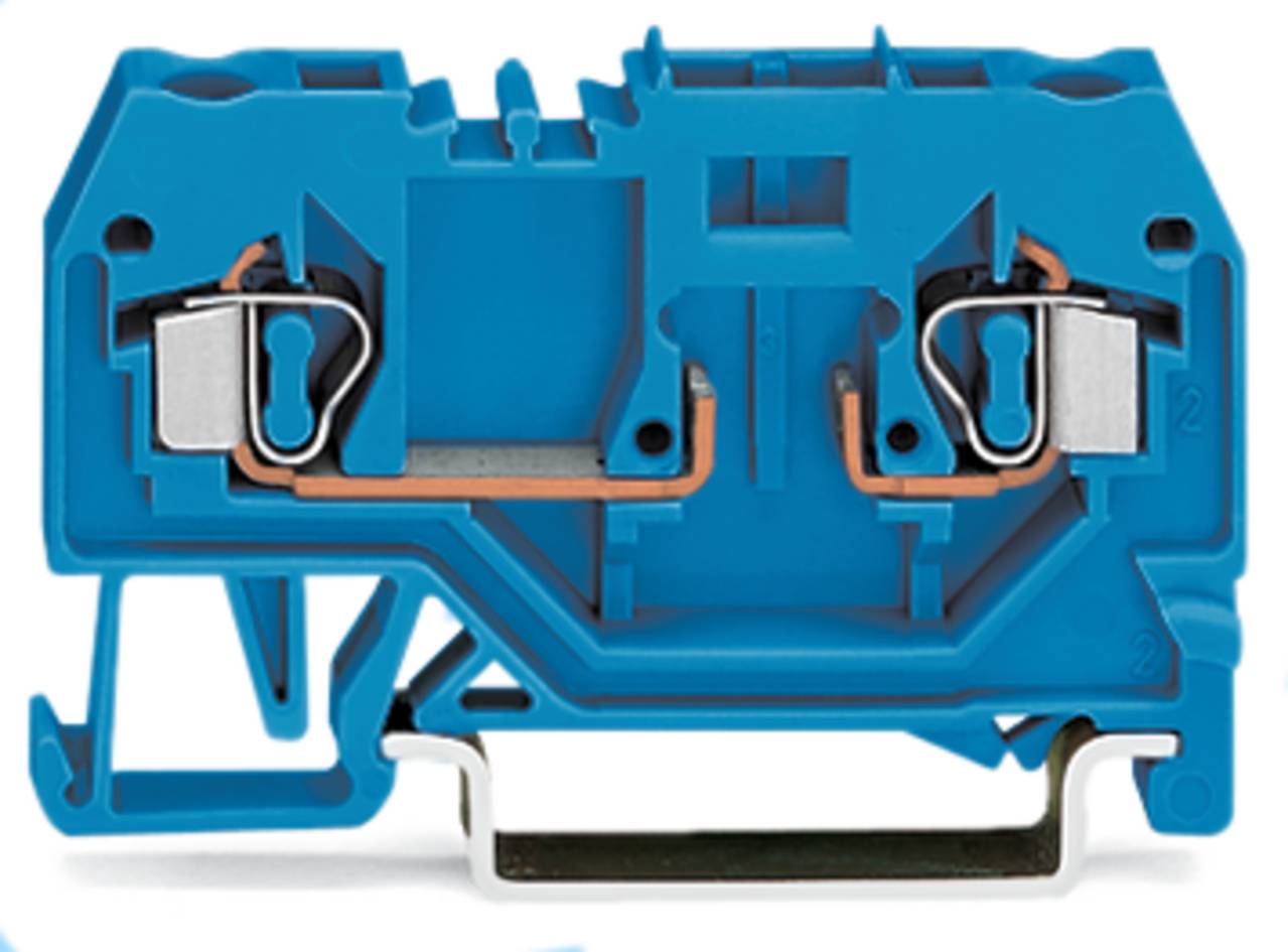 Ein blauer Elektrik-Klemmleistenblock mit sichtbaren Kupferleitern und Metallklammern, der zum Verbinden von Stromkreisen verwendet wird.