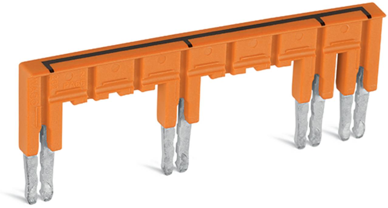 Ein orangefarbener Stromschienenstecker mit fünf Metallkontakten, der zur Stromverteilung in einem Elektroschaltschrank verwendet wird.