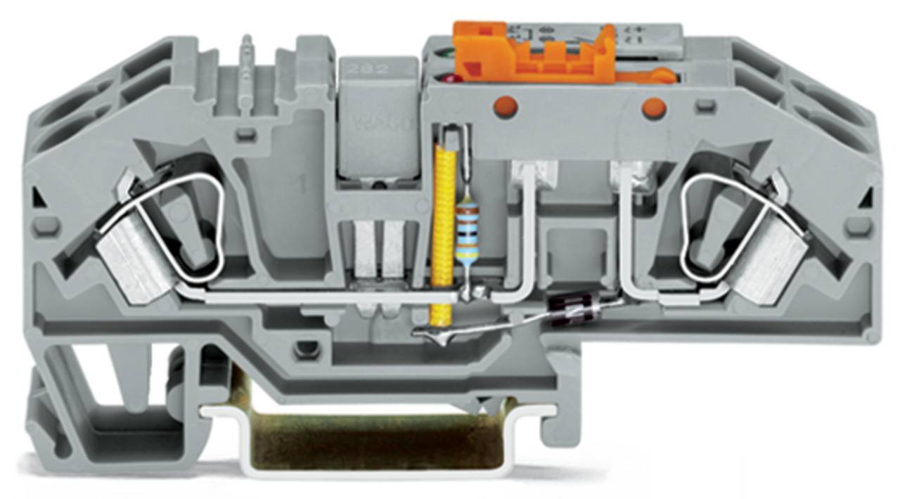 Ein grauer Elektroklemmenblock mit mehreren Anschlußpunkten, bestehend aus einem gelben Widerstand und einem orangefarbenen Hebel für sichere Drahtverbindungen.