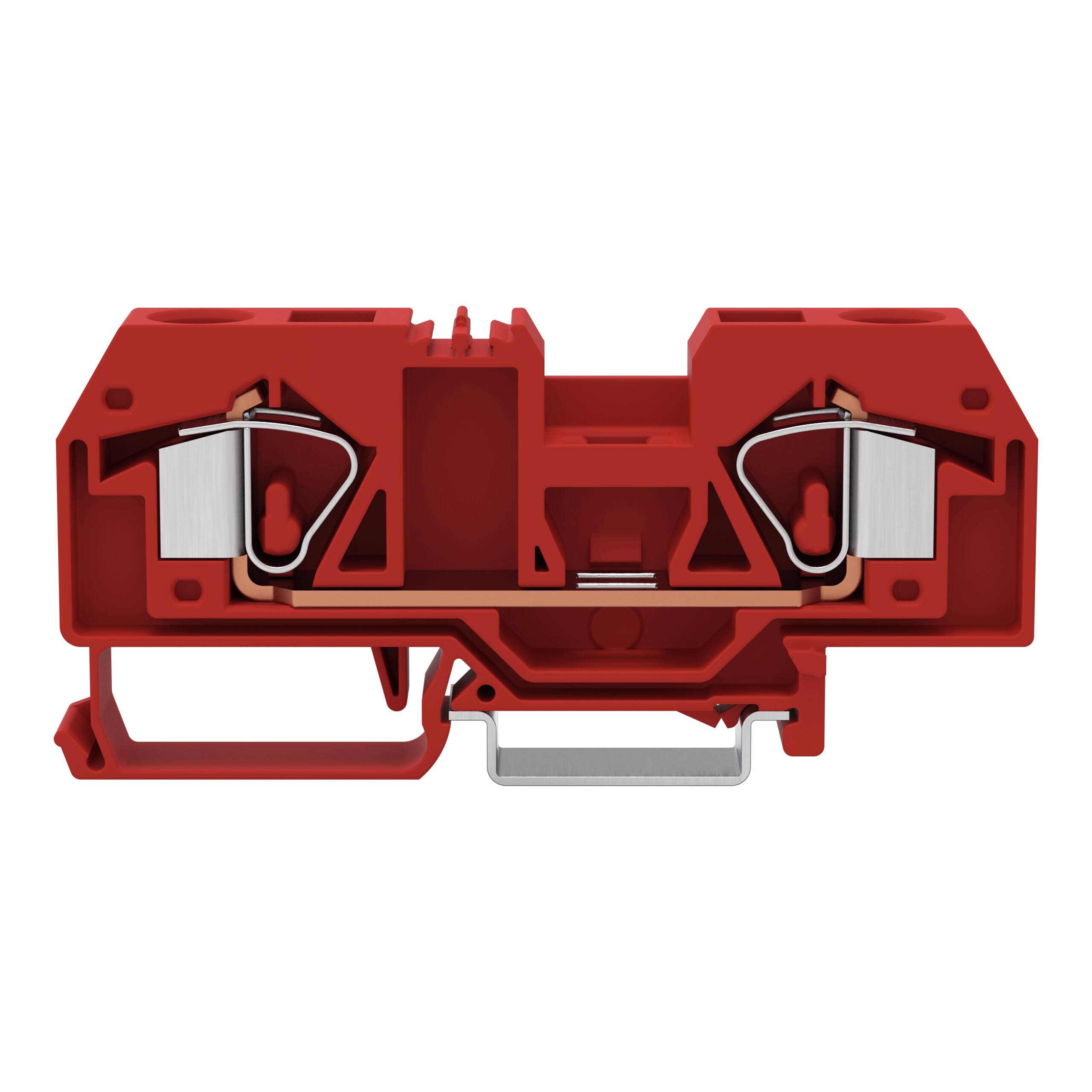Ein rotes Elektroklemmenblock mit Metallklemmen und isolierter Struktur.