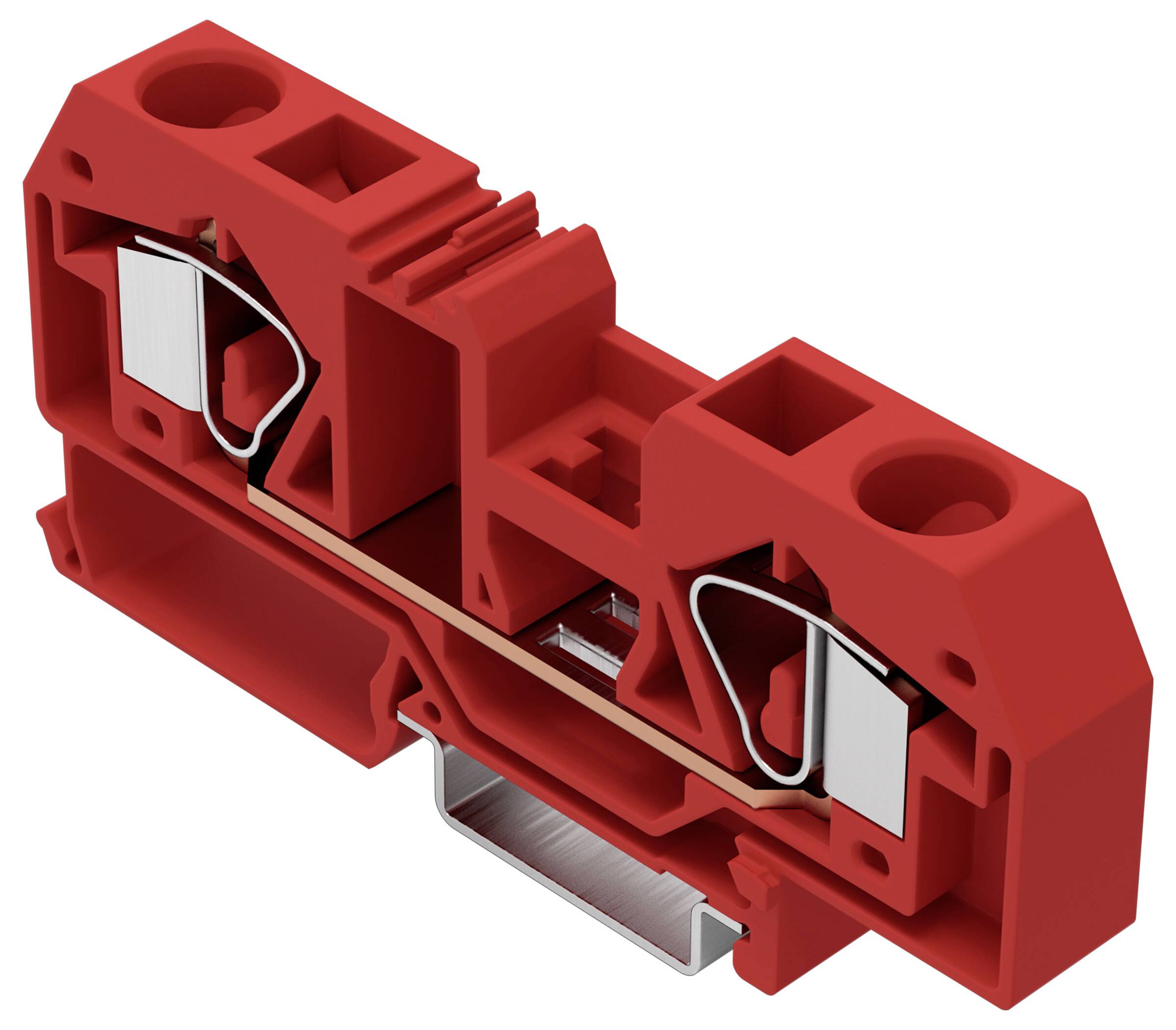 Ein rotes Elektroklemmblock mit inneren Metallverbindungen und Öffnungen für Drähte, das zum sicheren Verbinden von Stromkreisen verwendet wird.