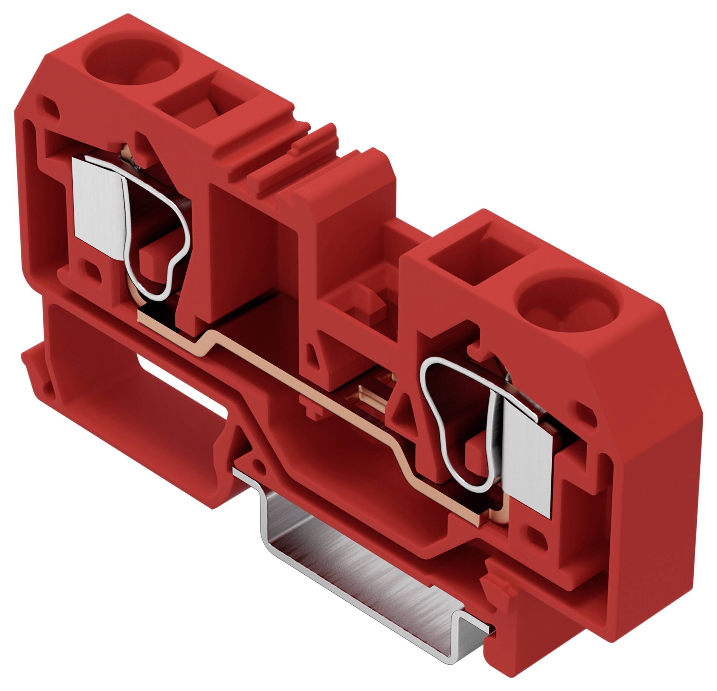Ein roter Steckklemmblock mit Metallkontakten und Drahteinführungspunkten, der zum Sichern und Verbinden von elektrischen Drähten verwendet wird.