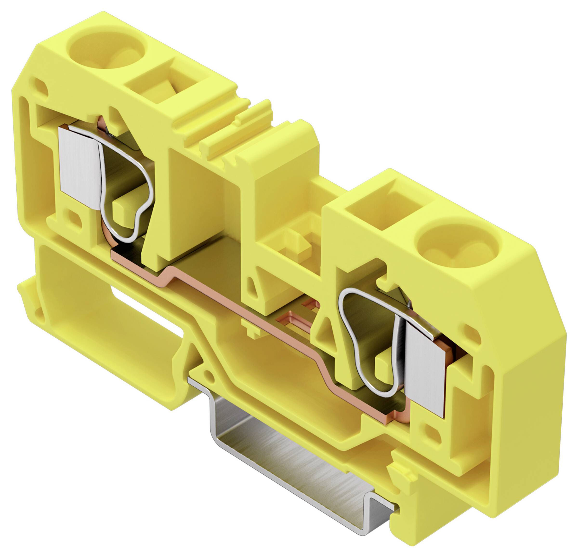 Eine rechteckige, graue elektrische Komponente mit mehreren weißen modularen Klemmleisten, die für Schaltungsverbindungen verwendet werden.