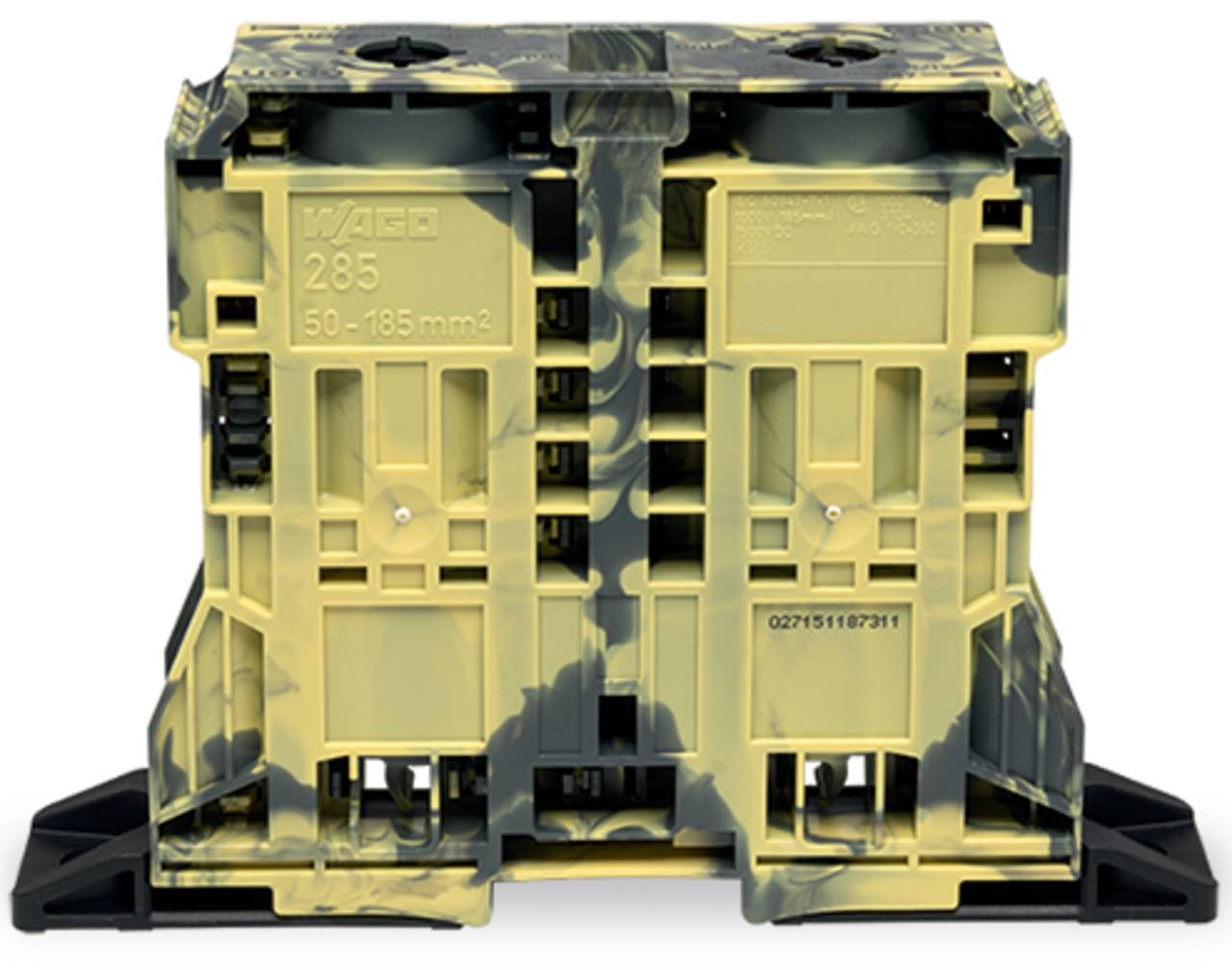 Ein in Tarnmuster gestalteter Elektrosteckblock mit der Beschriftung „WAGO 285 50-185 mm²