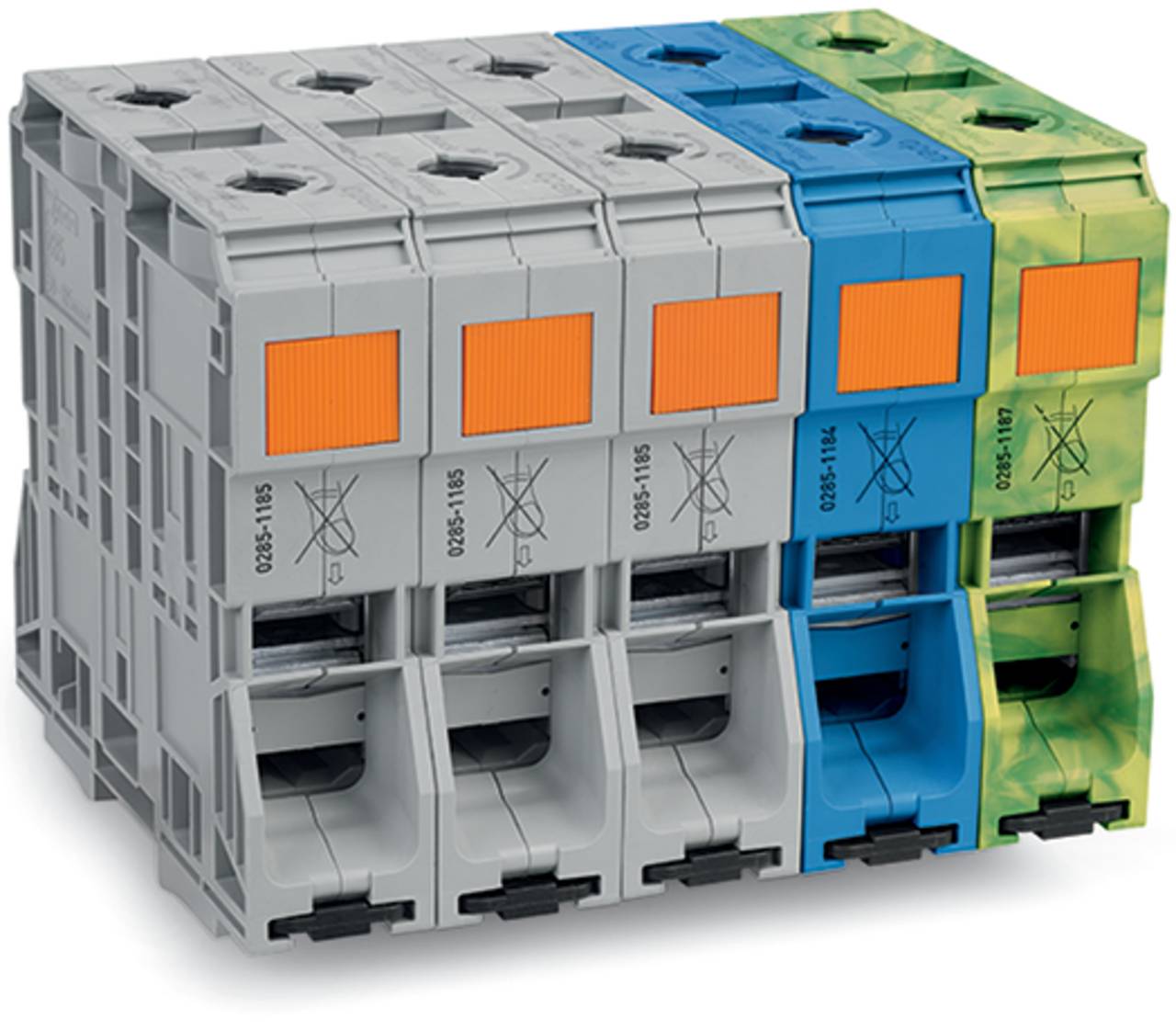 Eine Reihe farbiger elektrischer Klemmleisten für Drahtverbindungen mit modularen Steckverbindern in Grau, Blau und Grün.