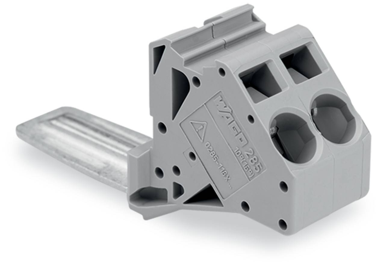 Ein grauer WAGO-Steckverbinder 2,5 mm² mit zwei runden Schlitzen und einer Metallmontageschiene, verwendet zur Drahtverbindung in elektrischen Installationen.
