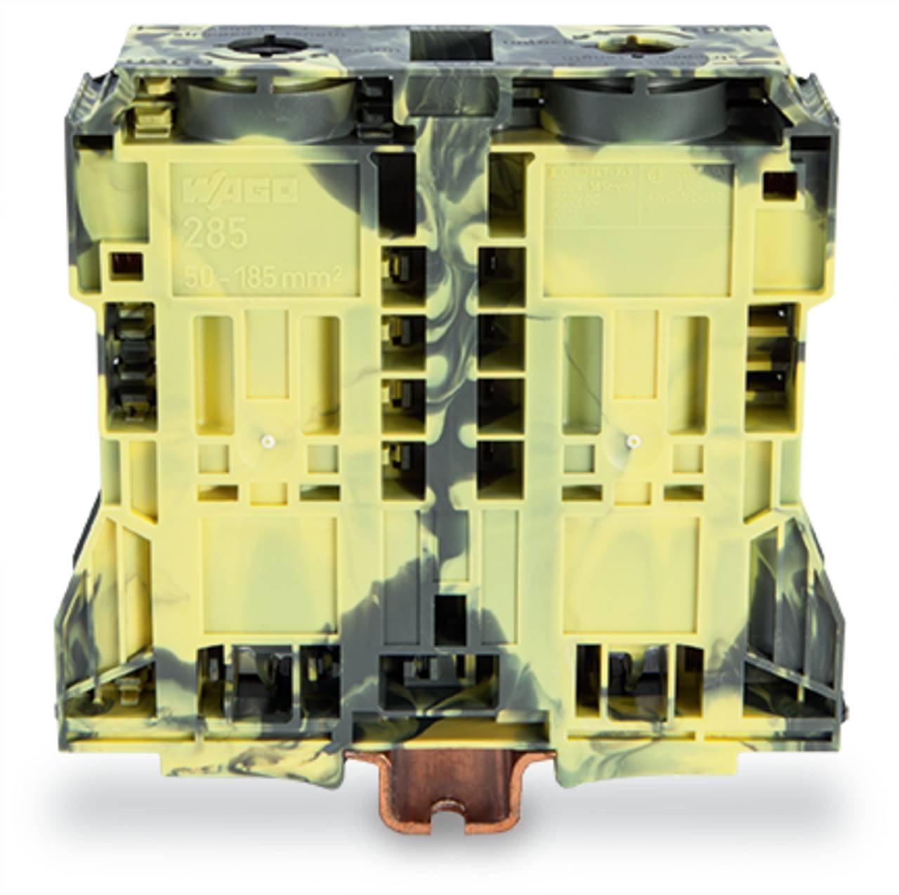Ein gelb-schwarzes gestreiftes elektrisches Klemmleistenblock mit der Beschriftung „WAGO 285 35...185mm²