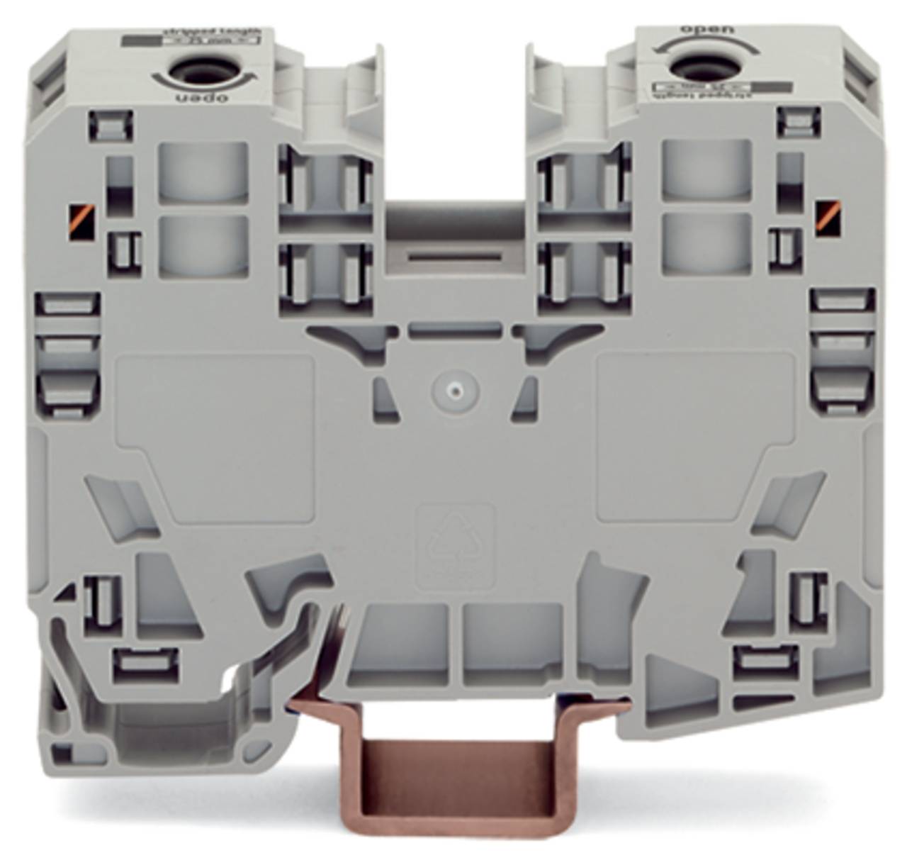 Ein grauer Klemmblock mit zwei Schritzenschlitzen für elektrische Verbindungen, montiert auf einer Metallschienenbasis.