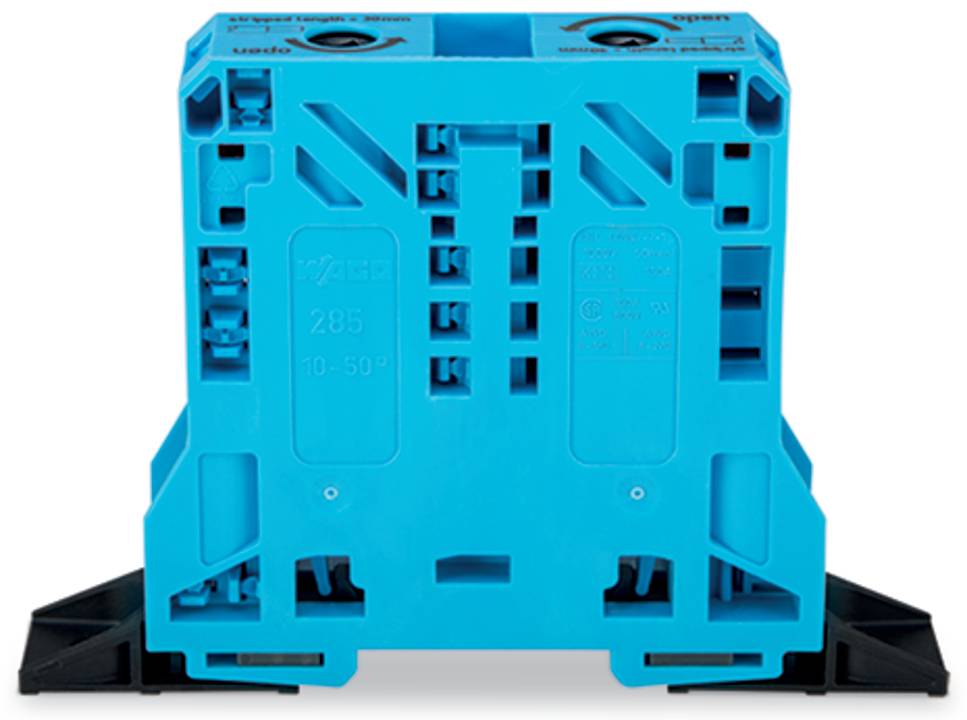 Eine blaue rechteckige elektrische Komponente mit beschrifteten Schlitzen und Anschlüssen, montiert auf einer schwarzen Basis, verwendet für Verdrahtung oder Schaltungsverbindungen.