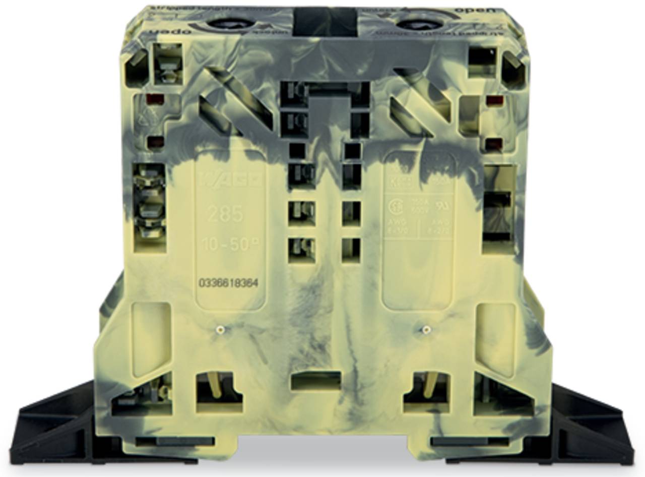 Eine gelb-schwarze elektrische Komponente mit mehreren Anschlüssen, die zum Einbau in industrielle elektronische Systeme verwendet wird.
