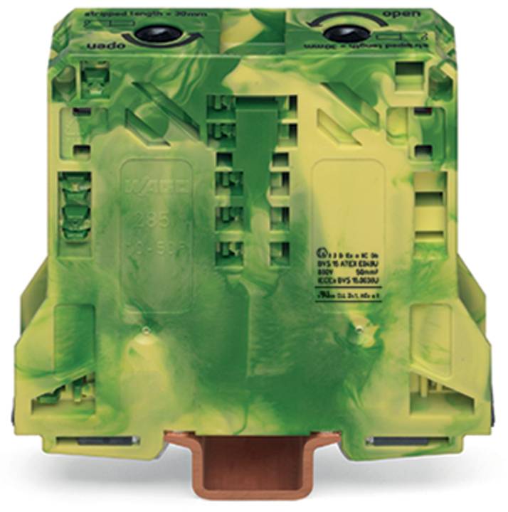 Ein grünes und gelbes elektrisches Bauteil mit beschrifteten Bereichen für Drahtverbindungen und ein braunes metallisches Teil am unteren Ende zur Befestigung.
