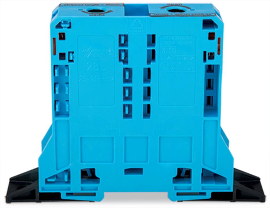 Eine blaue Kunststoff-Industriekomponente mit verschiedenen Schlitzen und Befestigungslöchern, wahrscheinlich für elektrische oder mechanische Montage verwendet.