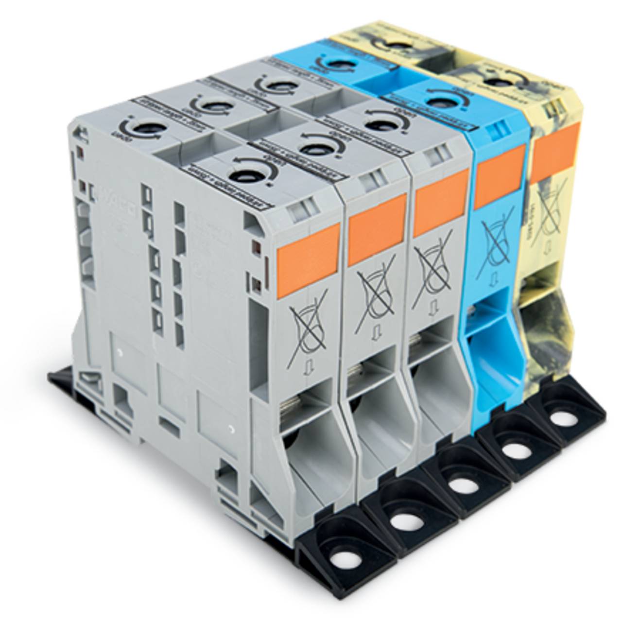 Eine Reihe von fünf elektrischen Anschlussklemmen in verschiedenen Farben, die zum Verbinden von Verdrahtung in Elektroschalttafeln verwendet werden.