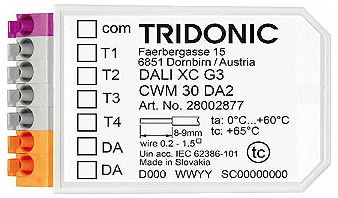 'TRODONIC' Elektrobauteil mit Kennzeichnung von Anschluss­punkten, technischen Spezifikationen und Modellinformationen. Hergestellt in der Slowakei.