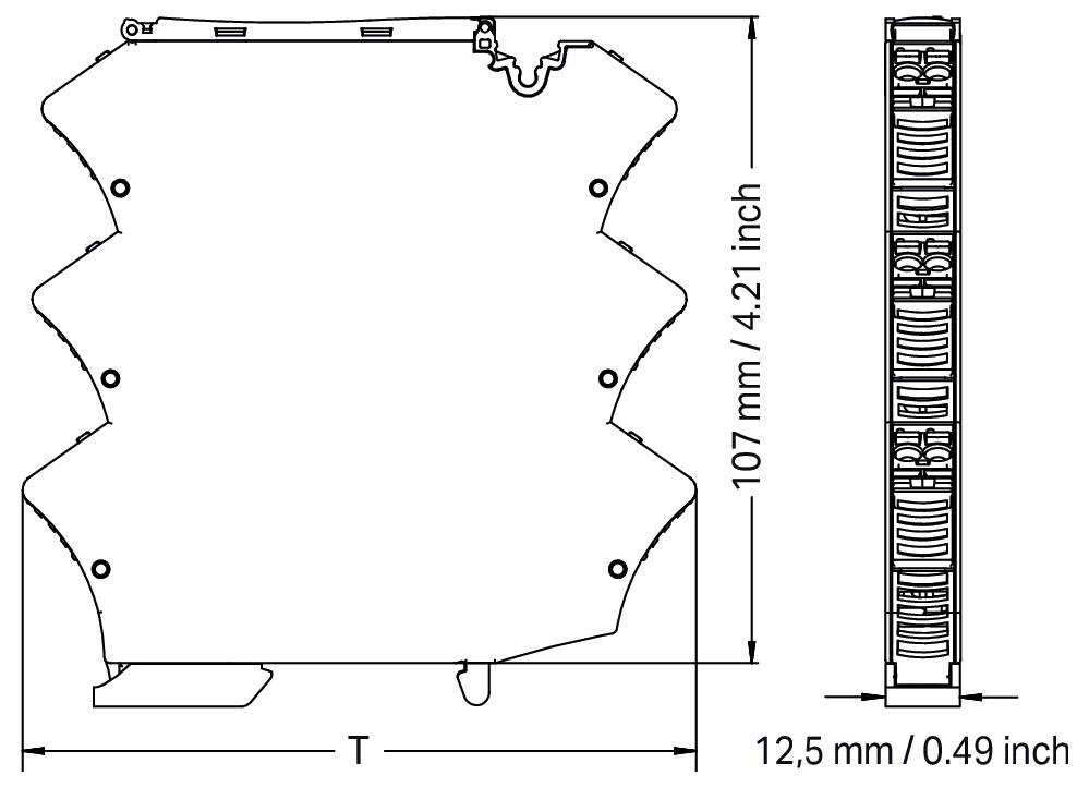 Technische Zeichnung eines mechanischen Bauteils mit Abmessungen: Höhe 107 mm (4,21 Zoll) und Breite 12,5 mm (0,49 Zoll).