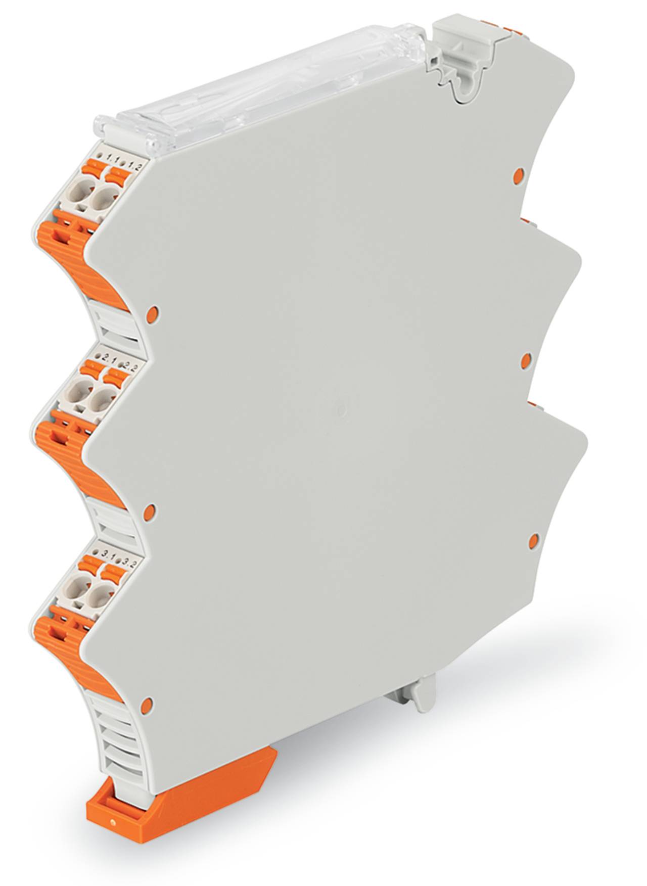 Ein schlankes, graues Electrical-Terminal-Block mit orangefarbigen Drahtverbindungspunkten, verwendet für elektrische Verdrahtungssysteme, aufrecht stehend.