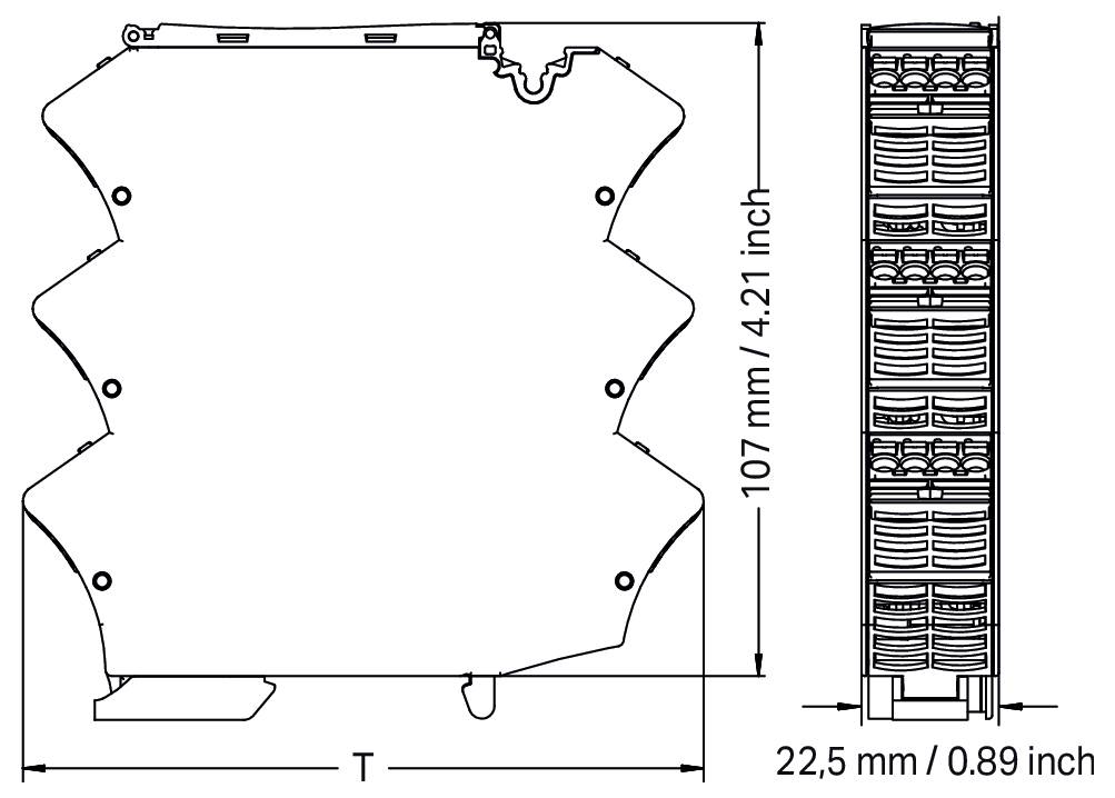 Technische Zeichnung einer wandmontierten Ordnerablage. Die Abmessungen betragen 107 mm in der Höhe und 22,5 mm in der Breite. Die Ablage hält mehrere Ordner vertikal.