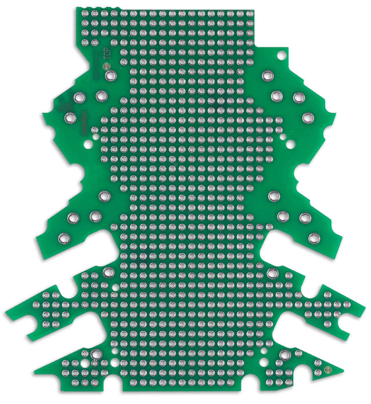 Eine grüne Leiterplatte mit einer dichten Anordnung metallischer Verbindungspunkte auf ihrer Oberfläche, die einem komplexen Muster ähnelt.