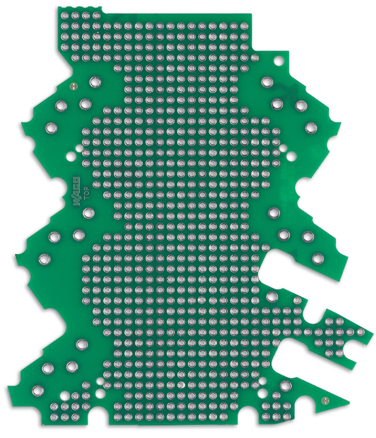 Grüne Leiterplatte mit zahlreichen silbernen Lötpunkten, die ein symmetrisches Muster bilden. Die Platine hat eine unregelmäßige Form mit gezackten Kanten.