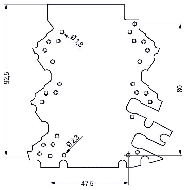 Technische Zeichnung einer Metallhalterung mit Abmessungen: Höhe 92,5 mm, Breite 47,5 mm, Lochdurchmesser 1,8 mm und 2,3 mm, Höhenposition 80 mm.