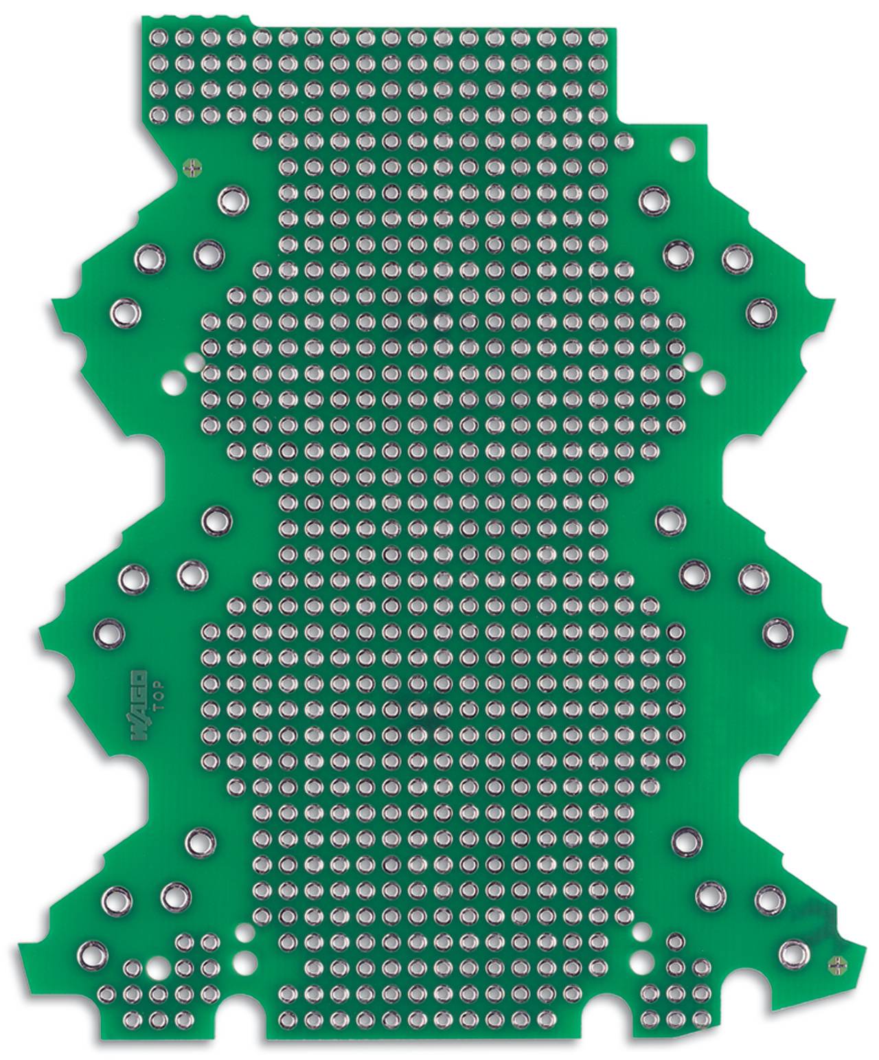 Eine grüne Leiterplatte mit einer dichten Anordnung von metallischen Lötpads, die in einem symmetrischen Muster über ihre Oberfläche verteilt sind.