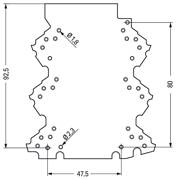 Technische Zeichnung einer Halterung mit genauen Abmessungen. Breite: 47,5 mm, Höhe: 80 mm bis 92,5 mm. Lochdurchmesser: Ø1,8 mm, Ø2,3 mm.