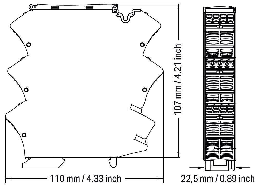 Diagramm eines elektronischen Geräts mit beschrifteten Abmessungen: Breite 110 mm (4,33 Zoll), Höhe 107 mm (4,21 Zoll), Tiefe 22,5 mm (0,89 Zoll).