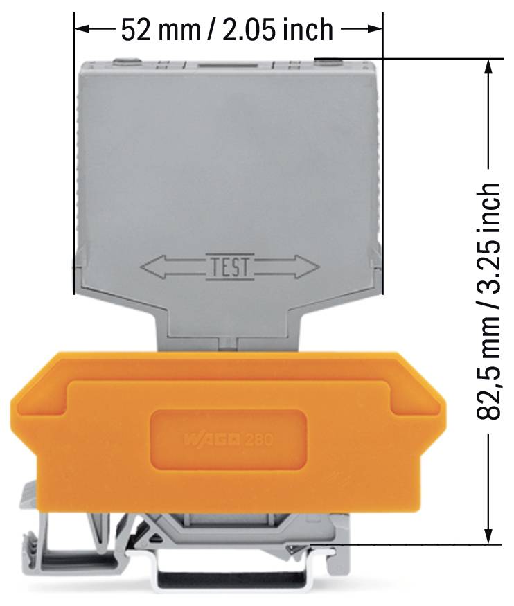 Ein grauer und orangefarbener elektrischer Stecker mit beschrifteten Abmessungen: 52 mm (2,05 Zoll) breit und 82,5 mm (3,25 Zoll) hoch.