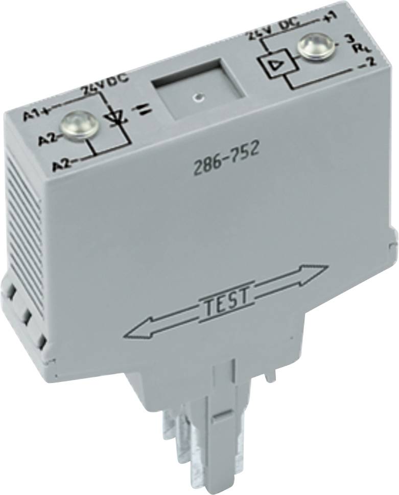Eine graue elektronische Komponente mit beschrifteten Anschlüssen und einem 