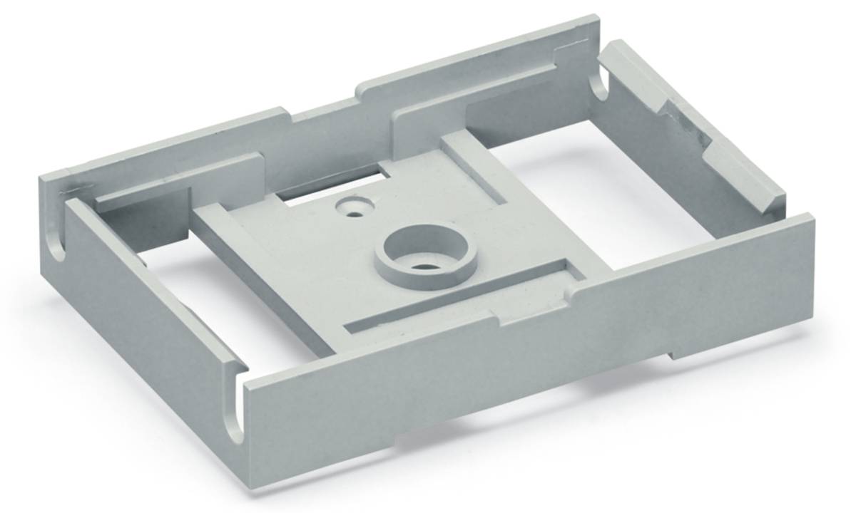 Ein graues Metallmontageelement mit rechteckigem Rahmen und zentralem kreisförmigem Loch, das zum Sichern von Komponenten oder Geräten verwendet wird.