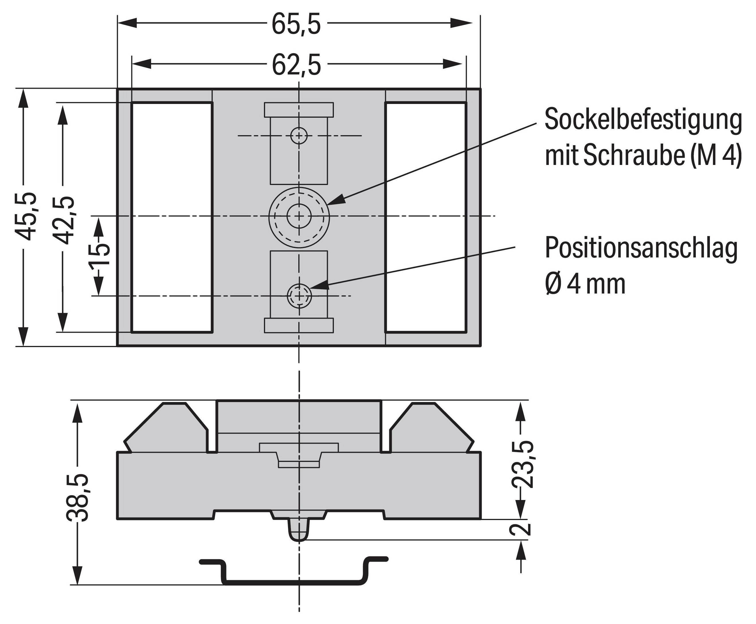 Technisches Schaltbild einer Montagebasis mit Abmessungen. Breite: 65,5 mm, Höhe: 45,5 mm, Schraubenposition (M 4), Anschlagdurchmesser 4 mm.