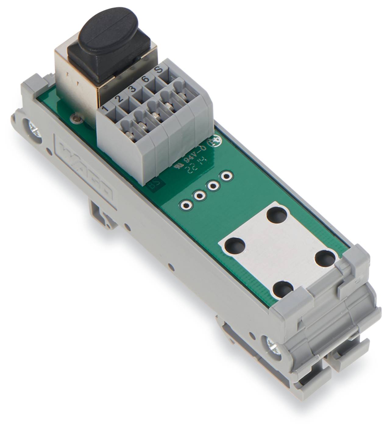 Elektrisches Bauteil mit grüner Leiterplatte, grauem Gehäuse und einem nummerierten Anschlussblock zum Verdrahten.