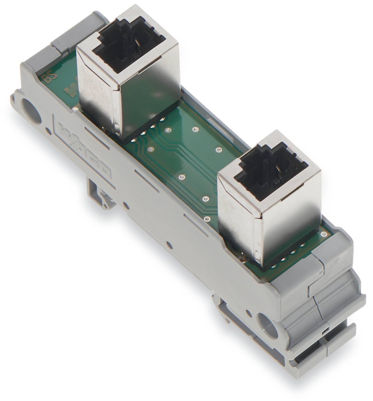 Ein Dual-Port-Ethernet-Modul mit zwei RJ45-Anschlüssen auf einer Leiterplatte, montiert auf einem grauen Gehäuse, wird für Netzwerkverbindungen verwendet.
