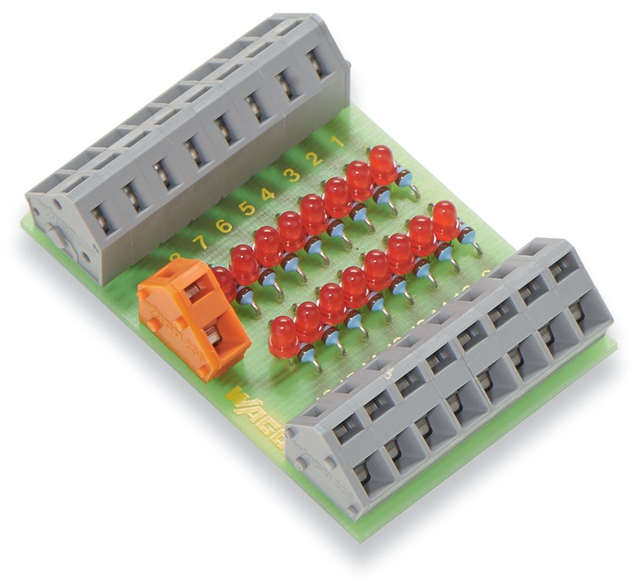 Eine elektronische Schaltplatine mit roten LEDs und grauen Anschlussblöcken. Jede LED entspricht einer nummerierten Reihe und zeigt Konnektivität oder Status an.