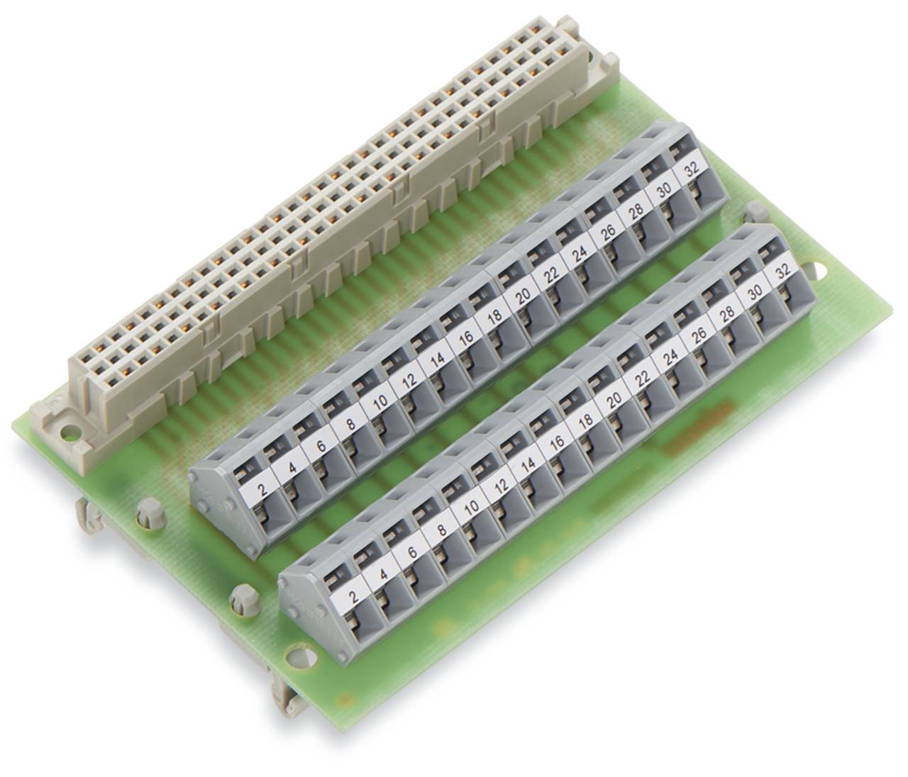 Eine elektronische Leiterplatte mit zwei Reihen nummerierter Klemmleisten und einer Steckverbinderleiste, die zur Organisierung von Verdrahtungsverbindungen verwendet wird.