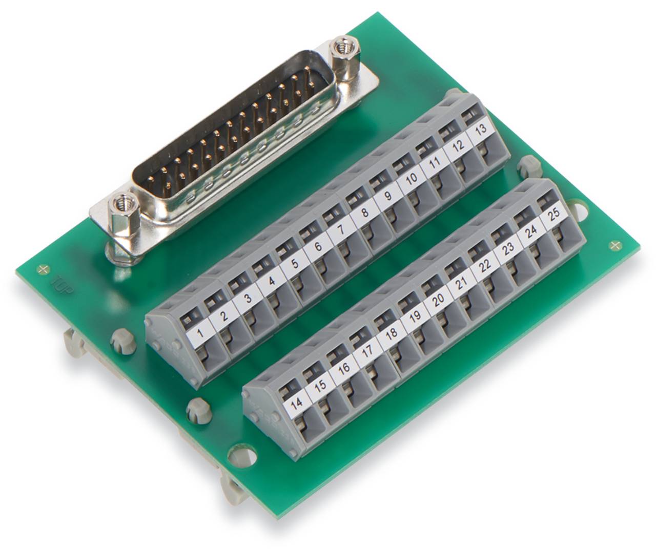 Eine grüne Leiterplatte mit einem DB25-Stecker und zwei Reihen von nummerierten Schraubklemmen im Bereich von 1 bis 25, die für elektrische Verbindungen verwendet werden.