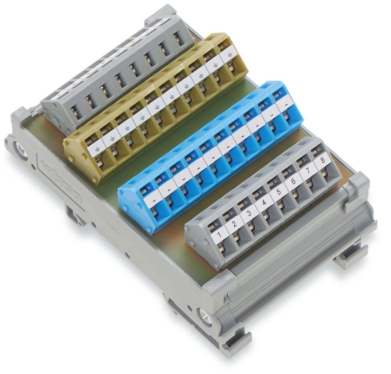 Elektrischer Klemmblock mit beschrifteten Anschlüssen in Blau, Gelb und Grau. Die Anschlüsse sind nummeriert für eine organisierte Kabelführung.