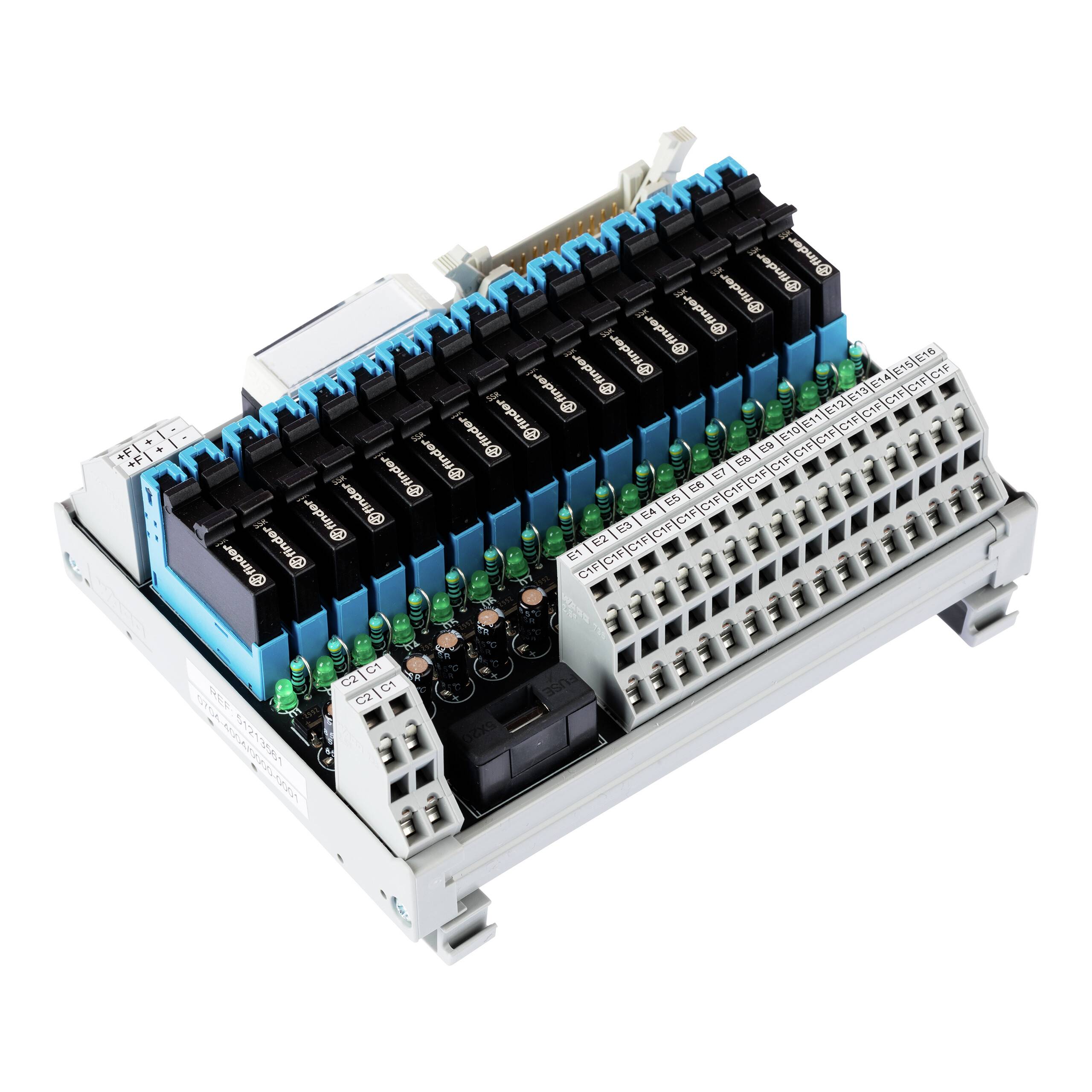 Electrical Klemmleistenblock mit mehreren blauen und schwarzen Schaltmodulen, grünen LED-Indikatoren und weiß beschrifteten Anschlüssen.