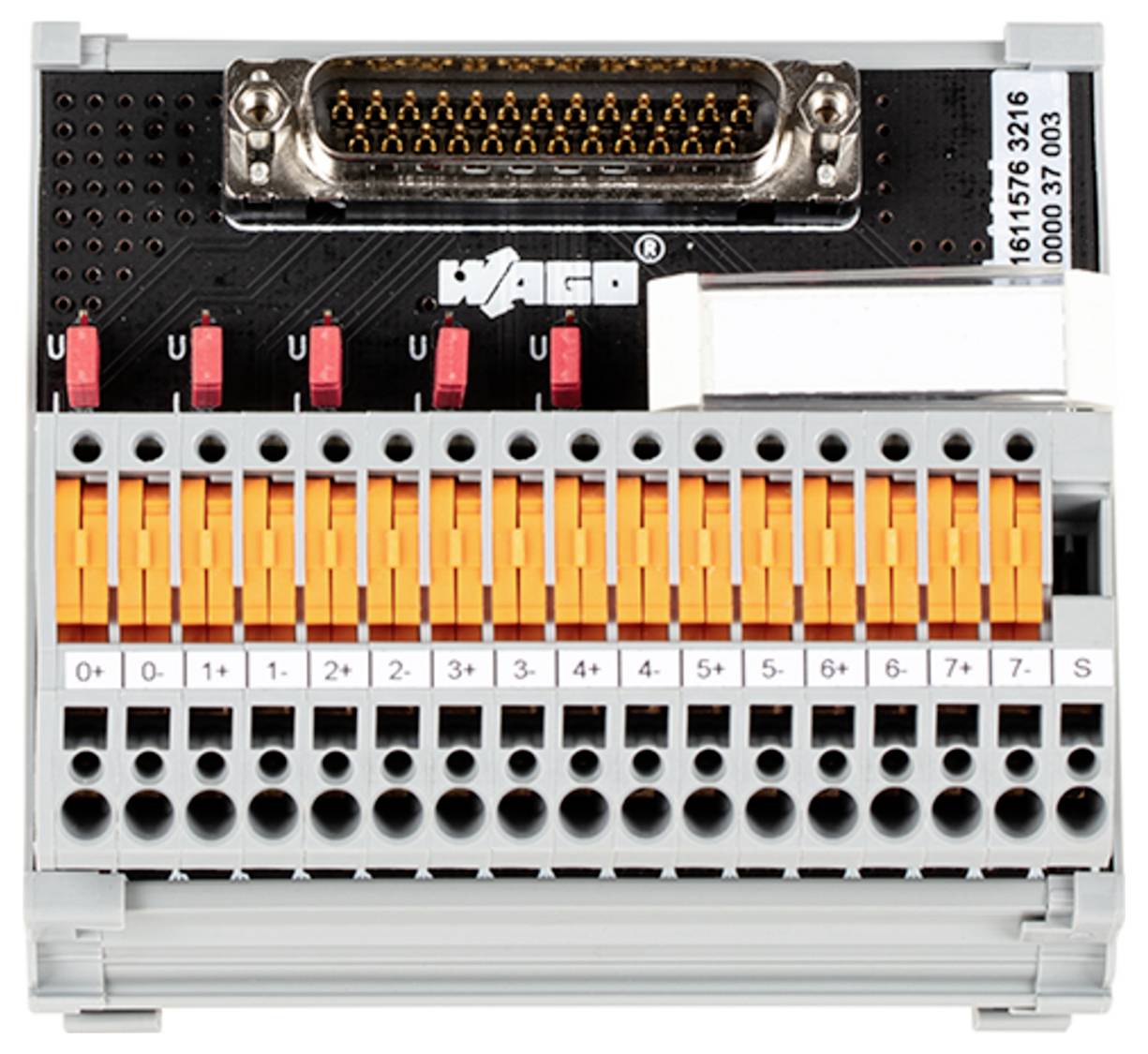 WAGO-Steckverbinder mit mehreren orangefarbenen und grauen Anschlüssen zum Verdrahten mit beschrifteten Anschlussöffnungen für elektrische Verbindungen.