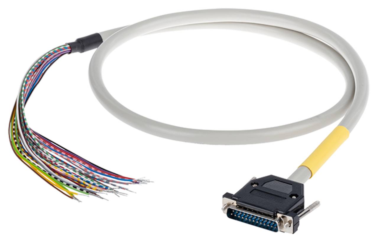 Ein Computerkabel mit einem RS-232-Anschluss an einem Ende und mehrfarbigen freiliegenden Drähten am anderen Ende, das für die Datenkommunikation verwendet wird.