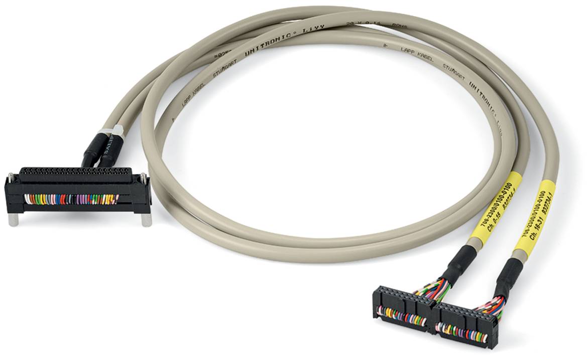 Splitterkabel mit einem 50-poligen Stecker und zwei 26-poligen Steckern, zeigt intern farbige Drähte, verwendet für Datenübertragung.