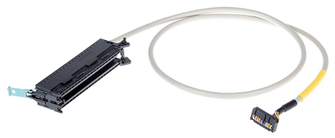 Ein schwarzer Druckkopf, der mit einem langen, hellgrauen Kabel verbunden ist, mit einem mehrfarbigen Stecker am Ende.