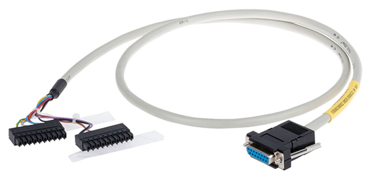 Ein Kabel mit einem VGA-Stecker und aufgesplitteten Enden, das mehrere farbige Drähte enthält, verbindet Geräte, um Videosignale anzuzeigen.