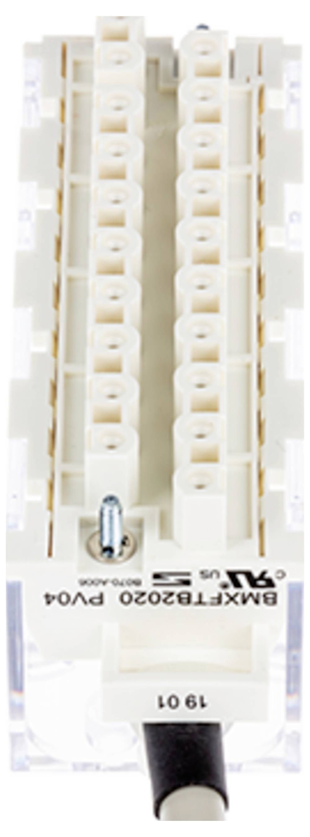 Ein weißer Steckverbinder aus Kunststoff mit mehreren Anschlussöffnungen, einer Schraube oben links und der sichtbaren Aufschrift „BMXTBD2020 PV04