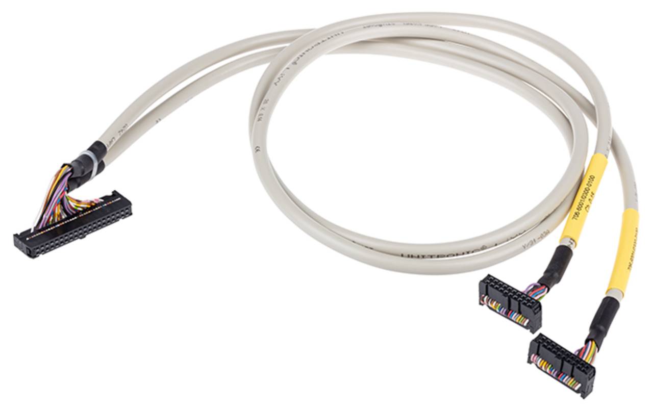 Ein beiges Mehrfach-Verbindungskabel mit schwarzen Steckern an jedem Ende, ausgestattet mit farbigen Drähten, verwendet für Verbindungen elektronischer Geräte.